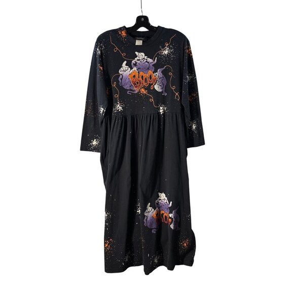 Vintage-Inspired Long Black Halloween Dress W/ Ghost & Boo Print Splatter Design - Picture 1 of 10